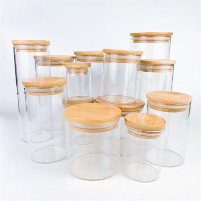 China Household Products Kitchen Use 500ml 14oz Airtight Clear High Borosilicate Glass Storage Jars With Bamboo Lids for sale