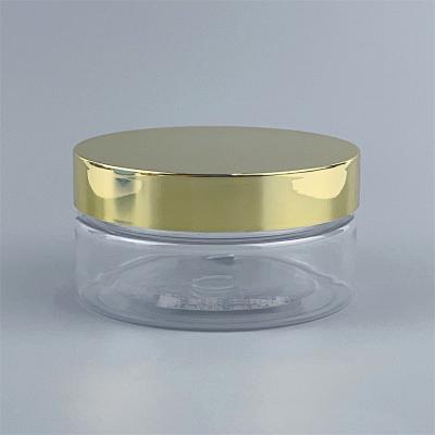 China 47mm Clear PET Cosmetic Cream Jar With Shiny Gold Screw UV Coating Lid Accept Silk Screen Printing Lotion Bottle Packaging Can for sale