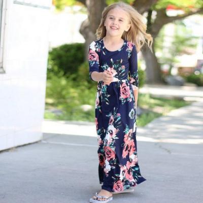 China 2019 New Style Cotton Breathable Floral Printed Kids Maxi Dress For Girls Navy Blue O-neck for sale