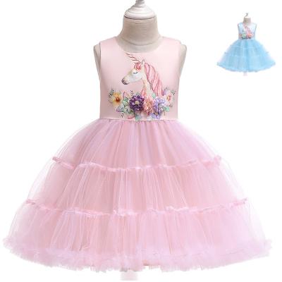 China Viable Hot Selling Unicorn Summer Girl Dress With Flower Princess Pink Children Clothes for sale