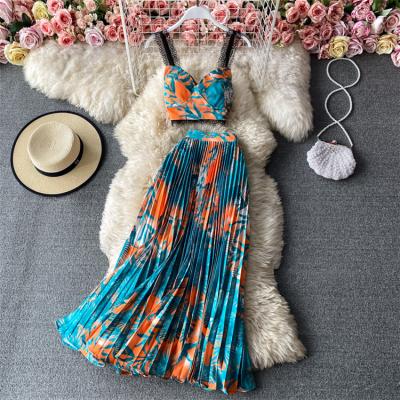 China 2021 Summer Breathable Bohemian Style High Waist Pleated Two Piece Set Long Maxi Elegant Casual Dress Summer Dress Women Lady Elegant for sale