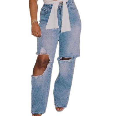 China Waterproof Women Fashion High Street Casual Denim Pants Girl Friend Big Ripped Hole Loose Jeans for sale