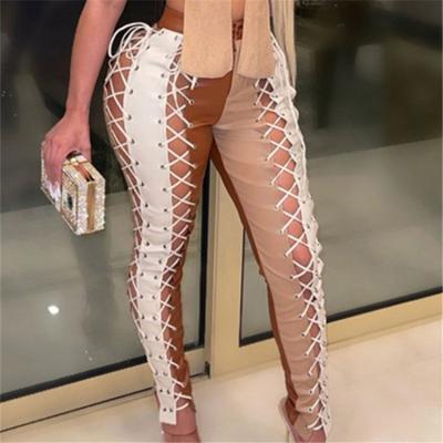 China 2021 Fashion New Arrivals Women Clothing Contrast Color High Waist Lace Up Party Breathable Leather Pants for sale