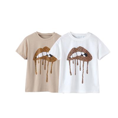 China Kids T-shirt 2022 Styles Soft Anti-Shrink Styles Lip Print Short Sleeve Cotton T-Shirts For Little Girls Late Summer Tops for sale