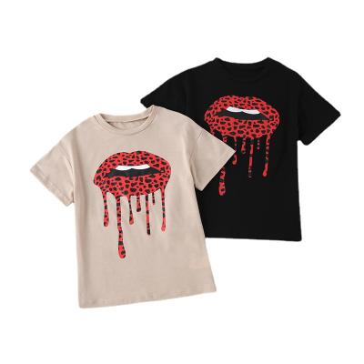 China Wholesale Anti-Shrink Lip Printing Girls USA Clothing Kids White T-shirt For Baby Short Summer Tops Stylish Kids Sleeve Children Clothes for sale