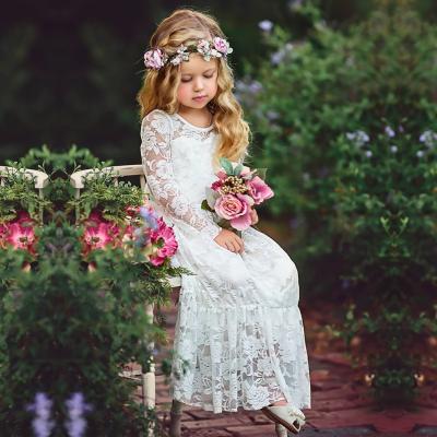 China Anti-wrinkle spring girl's dress children's lace bridesmaid wedding dress fashion birthday party hollow white long sleeve princess dress for sale