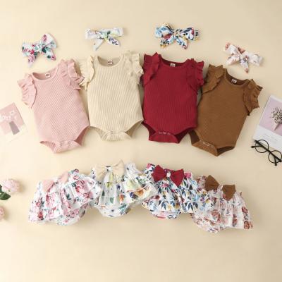 China 2022 new infant anti-pilling knitted rib romper set baby floral skirt suit low waist and bow headband for sale