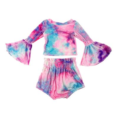 China Breathable Fashion Girl Winter Clothes Outfits Shoulder Long Flared Full Sleeve Tie Dye + Velvet Kids Shorts Bloomers Kids Outfits for sale