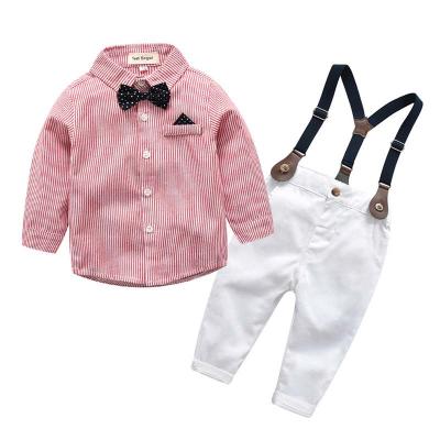 China 2021 Autumn Children's Clothing Cotton Bowknot Long Sleeve Shirt Breathable Top Jumpsuits Baby Boy Dress 2 Piece Pants Suit for sale