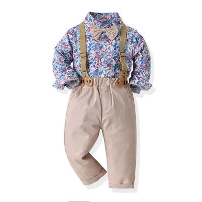 China Breathable 2022 New Boy's Cute Gentleman Outfit Set For Spring Kid Boy Long Sleeve Floral Shirt Pants 2 Pcs Clothing Set for sale