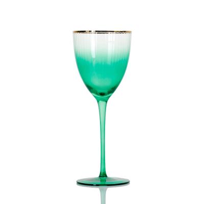 China Sustainable Spray Color Green Ribbed Wine Glass With Gold Rim for sale