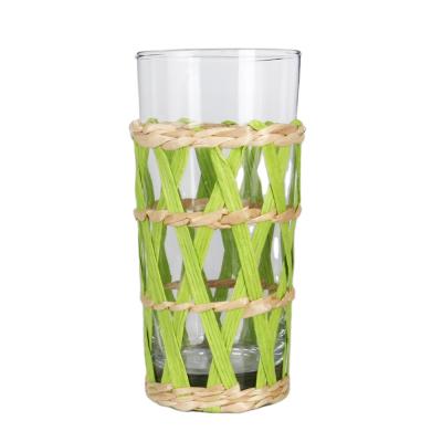 China Home Appliance 2020 New Design Hiball Glass Mug With Wrap Wicker Drinking Glasses for sale