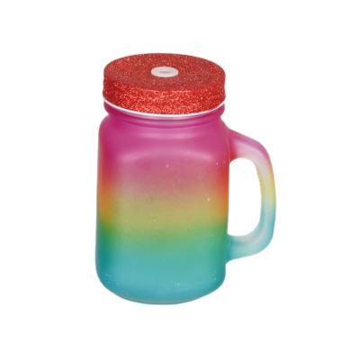 China Cover With Hole Colored Drinking Glass Mug With Handle Glass Mason Jar Drinking Cups With Straws for sale