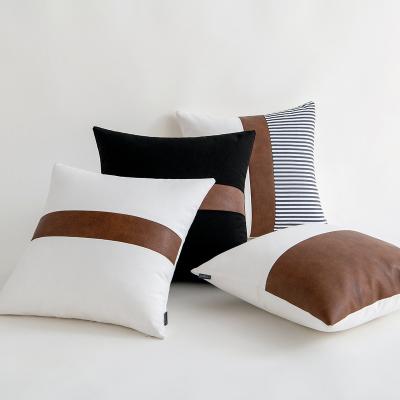 China High Quality Non-Toxic Cotton Canvas Stripe PU Splicing Pillow Case Leather Fabric For Cushion Cover Faux Leather Pillow Cover 18 x 18 for sale