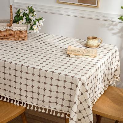 China Nordic Waterproof Cotton Canvas Tassels Lattice Style Jacquard Protective Dining Table Covers for sale