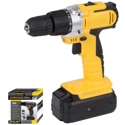 China Steel/Wood/TOLHIT 25Nm 1.3Ah 2 Speed ​​Concrete Professional Electric Impact Drill Driver Kit 18v Cordless Drill for sale