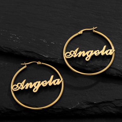 China Cute Small MOQ Personalized Custom Name Earring Stainless Steel Letter Circle Bamboo Earrings for sale