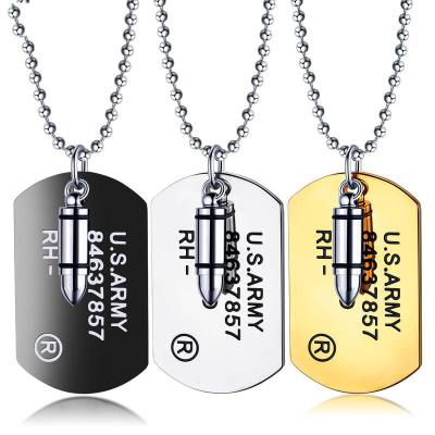 China Trendy Mens US Army Bullet Stainless Steel Necklace Personalized Military Gold Plated Pendant Necklace for sale