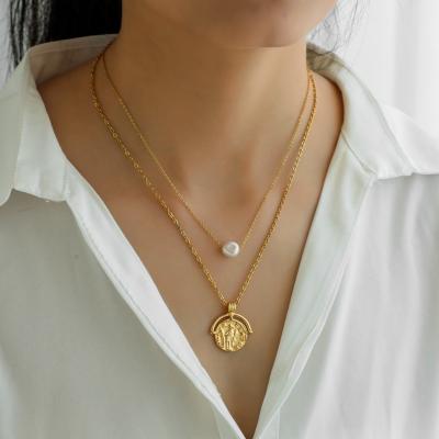 China NEULRY Fashionable Wholesale Double Layer Alloy Stainless Steel Gold Plated Imitation Pearl Coin Necklace True for sale