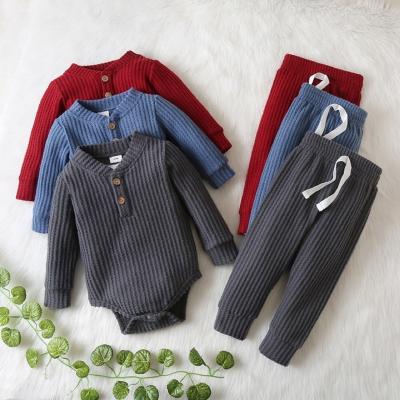 China Spandex/Polyester Baby Boy Toddler Spring Autumn Fashion Waffle Romper Overalls Pants Two Piece Suit 0-18M for sale