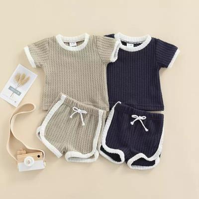 China Newborn Kids Toddler Babies Boy Summer Casual Infant Clothes Suit Ribbed Knitted Short Sleeve T-shirts+Shorts Plaid Tracksuits Sets for sale