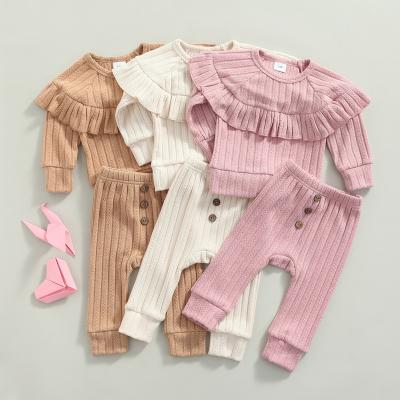 China Fashion MIOZING 0-18M Sweet Kids Baby Girl Clothing Ruffle Solid Color Sweater Long Sleeve O Neck Tops+Buttoned Long Pants Drop 2pcs for sale