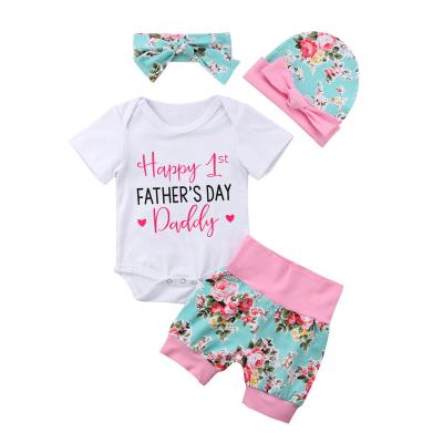 China MIOZING Sweet First Father's Day Girl Clothes 4Pcs Newborn Baby Flower Cotton Summer Shorts Sleeve Tops Romper Shorts Outfit for sale