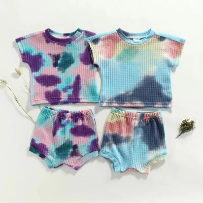 China MIOZING Polyester/Cotton 2 Colors Summer Causal Baby Boy Girls Clothes Sets Tie Dye Print Elastic Sleeve Shorts Sweater Short T-shirts for sale