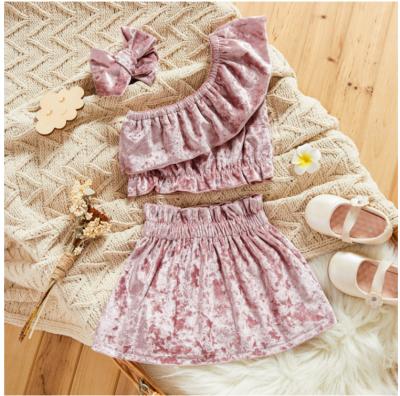 China Soft Babies Skirt Set Babies Skirt Set, Velvet Ruffled One-Shoulder Complete With Elastic Waist Skirt Hair Rope For Casual Daily for sale