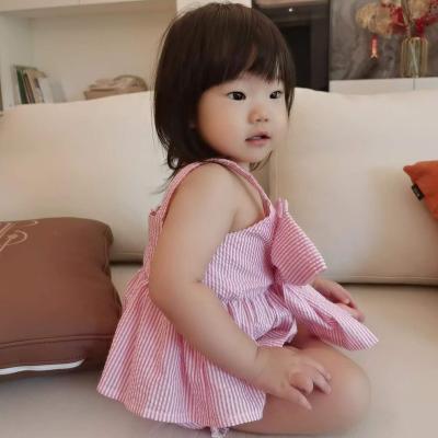 China MIOZING Anti-wrinkle 0-18M Newborn Baby Girls Clothing Summer Outfit Sets Pink Bowknot Sleeveless Camisole + Ruffle Striped PP Shorts Set for sale