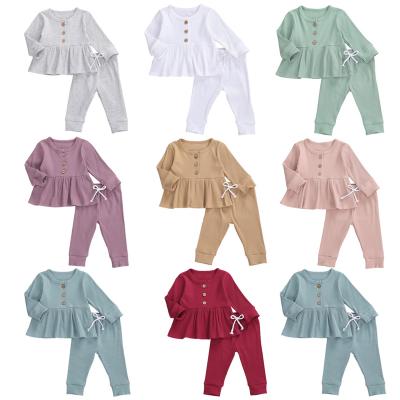 China Fashion 2Pcs Toddler Outfits, Solid-Color O-Neck Ribbed Long-sleeves Top With Ruffle Edge + Drawstring-Waist Pants For Babies for sale