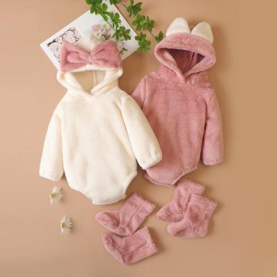 China MIOZING Baby 3pcs Solid Long Sleeve Flannel Single Hooded Romper Pink/White With Socks Set for sale