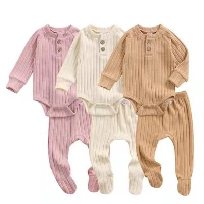 China MIOZING0-18m Baby Spring Autumn Clothes Solid Long Sleeve Romper Soft Unisex Foot Pantihose Teams For Baby Boy Girl Sleepwear Set for sale