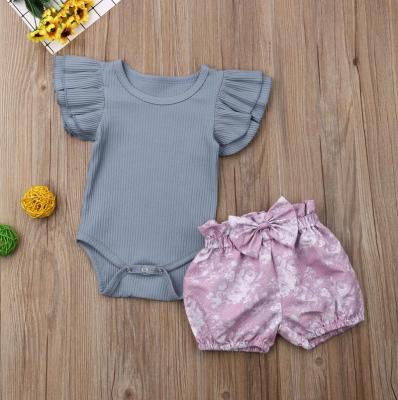 China Fashion Newborn Toddler Summer Baby Clothes Infant Cotton Clothes Ruffles Sleeves Ribbed Romper Tops Shorts Outfit 2pcs Set for sale