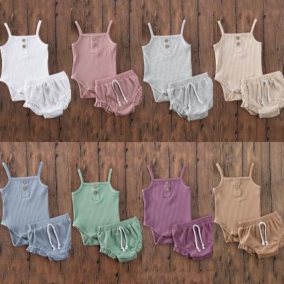 China MIOZING 100% Cotton Baby Summer Clothes 2PCS Newborn Baby Solid Clothes Knitted Vest Crop Tops Ribbed Vest Shorts Pants Outfit for sale