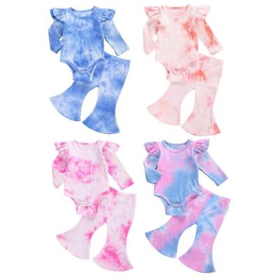 China Spring Autumn Clothing Infant Baby Girls Regular Newborn Colorful Boys Tie Dye Ribbed Clothes Set Long Sleeve Ruffled Jumpsuits Pants for sale