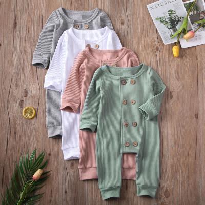 China 100% Cotton Girls Boys Romper 0-24M New Infant Baby Long Sleeve Solid Cotton Kids Girl Ribbed Knitted Jumpsuit Button Spring Autumn Overalls for sale