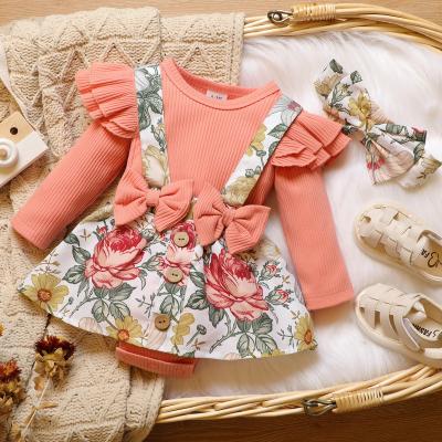 China Sweet 2pcs Baby Floral Print Ribbed Ruffle Long Sleeve Faux-Two Romper Dress Set for sale