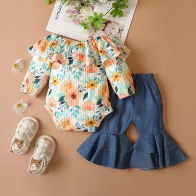 China Fashion MIOZING 0-18M Infant Baby Girl Set Cute Floral Print Ruffle Off Shoulder Long Sleeve Romper+Denim Flare Pants Casual 2pcs for sale