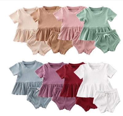 China Cotton Blend Infant Newborn Baby Summer Clothing 2Pcs Sets Ribbed Outfits Short Sleeve Shirt Dress Tops Shorts Bottoms Outfit for sale