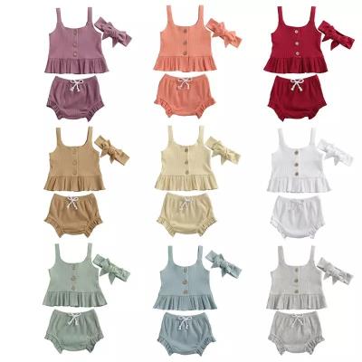 China Polyester / Cotton MIOZING Newborn Toddler Baby Clothes Knited Shorts Sleeve Shirt +Shorts +hairband Ribbed Solid Outfits 3Pcs Set for sale