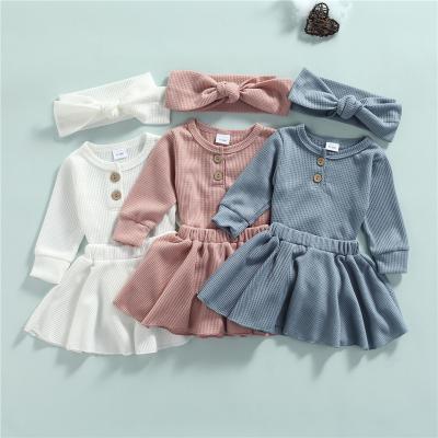 China Fashion 3 Pcs Babies Outfits Neck Romper Solid Color Newborn Casual Long Sleeve Round Bowknot+Skirt+Headband for sale