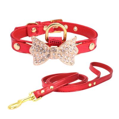 China JEWELED Hot Anti-lost 5 Colors Leather Trim With Bowtie Dog Collars And Leash Luxury Pet Collar Dog Rope Leash for sale