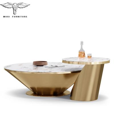 China (Other) Modern Luxury Adjustable Living Room Marble and Titanium Amber Retro Solid Round Gold Coffee Table Set Italy Furniture for sale