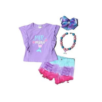 China Comfotable Summer Babies Kids Clothing Tie Dye Print Denim Jeans Shorts Mermaid Set for sale