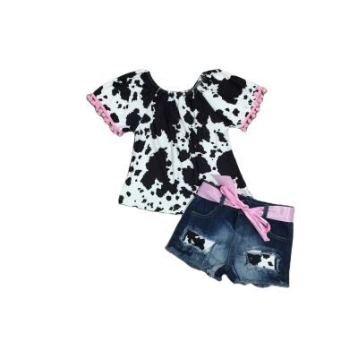 China Comfotable Summer Babies Kids Clothing Scare Print Denim Jeans Shorts Set for sale