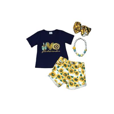 China Comfotable Summer Babies Sunflower Shorts Boutique Outfit Jeans Kids Dressing Set for sale