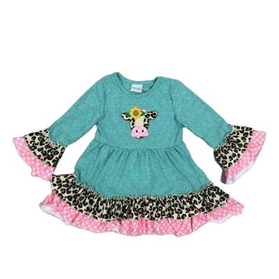 China 2021 Cute New Style Girlymax Cow Embroidered Kids Flare Sleeve Toddler Clothing Baby Dress for sale