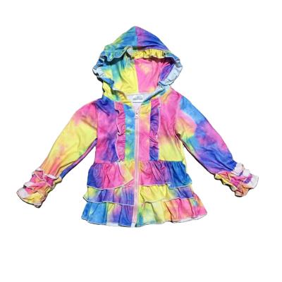 China Girlymax Autumn/Winter Babies Cotton Long Sleeve T-shirt Pink Tie Dye Hoodie Raglans Top Breathable Kids Clothes Ruffles Zipper Coat for sale