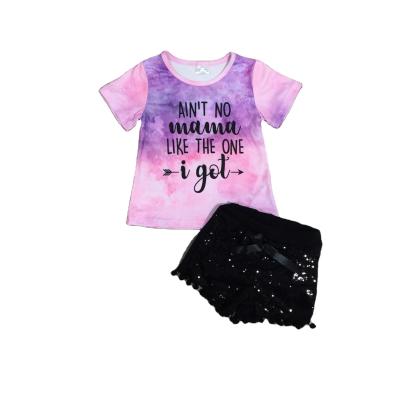 China Comfotable Girlymax Fashion Tie Dye Short Sleeve Baby Clothes Casual 2pcs Shirt Sequins Shorts Girl Set Outfits for sale